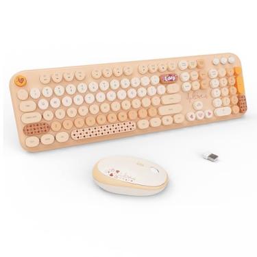 Imagem de FOPETT Combo de teclado e mouse sem fio – Teclado retrô colorido fofo de 2,4 G com teclas redondas, teclado de máquina de escrever de 104 teclas para laptop/Windows/PC – Chá de leite colorido