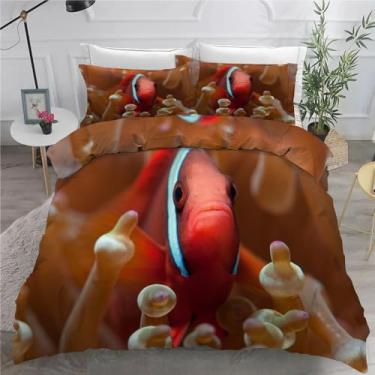Imagem de Jogo de cama de capa de edredom solteiro de peixe palhaço com 3 peças de microfibra macia texturizada 172,7 cm x 228,6 cm e 2 fronhas, com fecho de zíper e laços