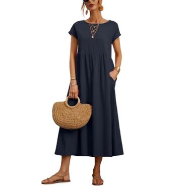 Imagem de Vestido feminino 2024 casual verão algodão com bolsos manga curta vestido midi camisa vestido, X-longo azul escuro, XXG