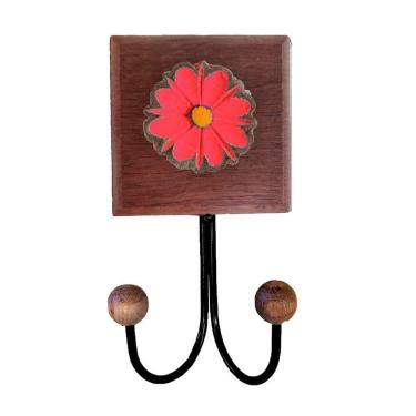 Imagem de Toalheiro Cabideiro Duplo Flor 3d Rústico Artesanal Ferro Cor Vermelho