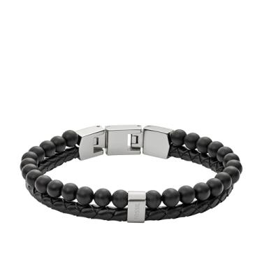 Imagem de Fossil Pulseira masculina de aço inoxidável e couro legítimo com contas, Metal