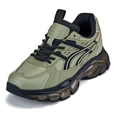 Imagem de CALTO Tênis masculino invisível que aumenta a altura, tênis esportivo com cadarço e sola grossa - 6 cm mais alto, Verde cáqui, sola de ônix translúcida, 38