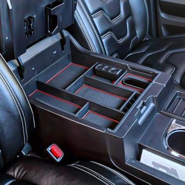 Imagem de TACOBRO Organizador de console central compatível com acessórios Toyota Tundra 2014-2017 2018 2019 2020 2021, caixa de armazenamento para apoio de braço interior Crewmax - bandeja de inserção de cobertura total, acabamento vermelho