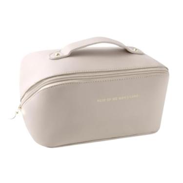 Imagem de Necessaire Feminina Grande para Maquiagem e Cosméticos - Impermeável em Couro Sintético (BEGE)