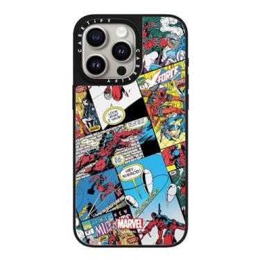 Imagem de CASETiFY Capa espelhada para iPhone 15 Pro Max colagem cômica prata em preto | Deadpool & Wolverine Co-Lab, proteção contra quedas de 1,5 m, Magsafe