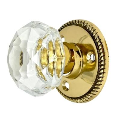 Imagem de Rousso USA Puxador de puxador de cristal com base de latão polido, conjunto de vidro facetado diamante de 5 cm na placa traseira dourada com acabamento de borda de corda, transparente, 0550L-PB-BP-r