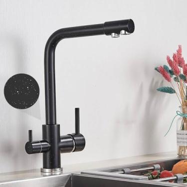 Imagem de Torneira de cozinha com 3 vias, furo único, 2 alças, misturador de água quente e fria, filtro de água pura, preta com ponto