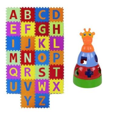 Imagem de Kit Girafa Brinquedo Empilhar e Tatame Emborrachado Alfabeto 26 Pcs - 