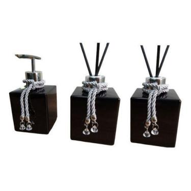 Imagem de Kit Lavabo Banheiro Difusor Porta Sabonete Preto 3 Peças - Luiggi Pres