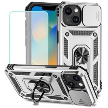 Imagem de Vokuha Capa para iPhone 15 Plus de 6,7 polegadas, capa para Apple 15 Plus com protetor de tela de vidro temperado e capa deslizante para câmera, anel giratório de 360°, capa magnética para Apple