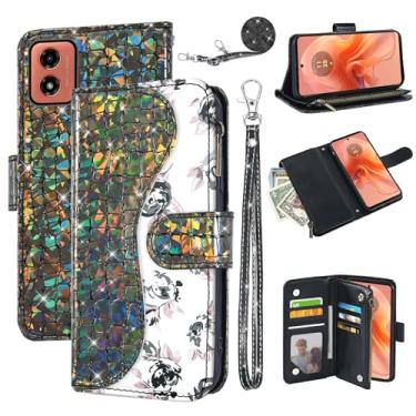 Imagem de Dibosom Capa carteira floral para Motorola Moto G04/G04s/G24/E14 4G com alça de pulso alça de ombro flip zíper bolsa porta-cartão, suporte glitter Bling capa de celular para GO4 G 04 04s 24 E 14 preta