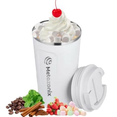 Imagem de Metazonix - Caneca de café de viagem - Caneca de café de aço inoxidável de 375 ml - Caneca de viagem de café à prova de vazamento - Caneca de café isolada com tampa - Copo de café de viagem - Branco