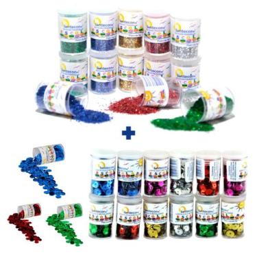 Imagem de Kit 12 Potes Glitter Escolar PVC Metálico Pote 3g + 12 Potes de Lantej