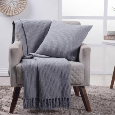 Imagem de Manta Decorativa Para Sofá Boho Favo de Mel Cinza - FASTLAR, 140x200cm