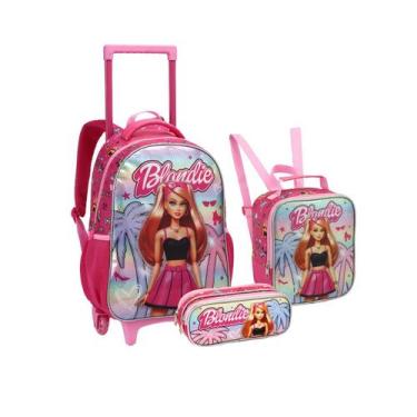 Imagem de Kit Mochila Rodinha Boneca Rosa Com Brilho Meninas Escolar - Seanite