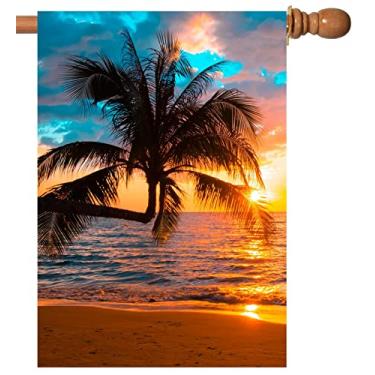 Imagem de Txtains Palmeiras tropicais de verão, pôr do sol dourado na praia, mar, oceano, casa, bandeira, 71 x 101 cm, dupla face, jardim, quintal, decoração de banner ao ar livre