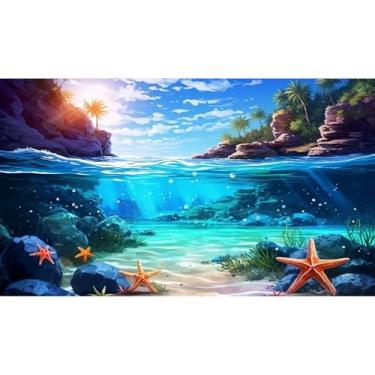 Imagem de Fundo de aquário subaquático subaquático com desenhos animados, céu azul claro com raios de sol, litoral, pinheiro, terrário, fundo submarino, 122 x 61 cm