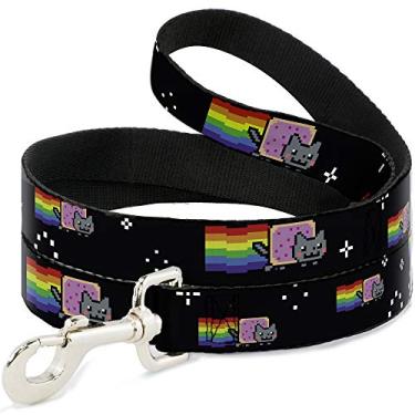 Imagem de Coleira para cães Nyan Cat Flying in Space preta 1,8 m de comprimento 2,5 cm de largura