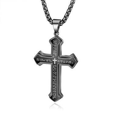 Imagem de Rockyu Colar masculino preto com pingente de cruz de aço inoxidável com inscrição de oração cristã, corrente de 60 cm, Aço inoxidável