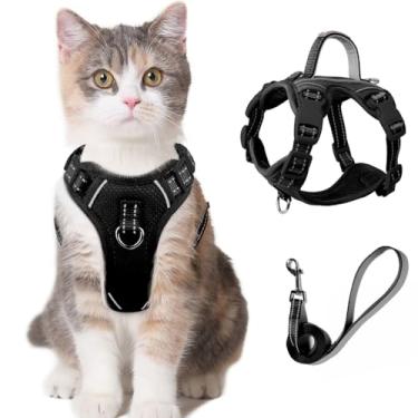 Imagem de Conjunto de coleira e peitoral para gatos para caminhada à prova de fuga para gatos pequenos e grandes com bolso para etiqueta de identificação (preto, PP)