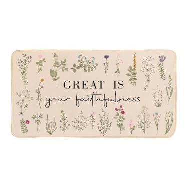 Imagem de ETYZE Tapete de boas-vindas cristão para porta da frente, tapete de oração, tapetes de banho de cozinha cristã, tapete de porta de flores, presentes cristãos para mulheres, ótimo é sua fidelidade,