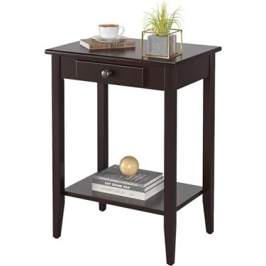 Imagem de Mesa de cabeceira moderna mesa lateral com gaveta e prateleira de armazenamento mesa de cabeceira de madeira para quarto, sala de estar, sofá, corredor, marrom