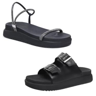 Imagem de Novo Hábito, Kit 2 Sandália Feminina Papete Tiras Strass & Papete Fivela Cor:Preto;Tamanho:40