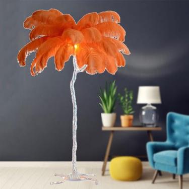 Imagem de Luminária de chão moderna, luminária de chão de penas de avestruz com 3 cores reguláveis, corpo de luz prateada, lâmpada decorativa de penas, luminária de chão romântica para sala de estar e quarto