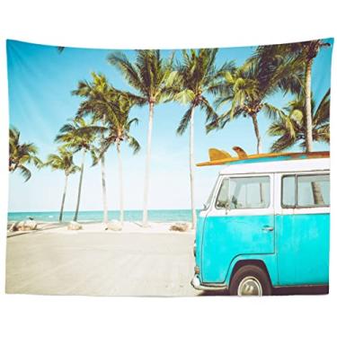 Imagem de BELECO Tecido de 2,1 x 1,5 m Tropical Beach Backdrop Vintage Carro na Praia com Prancha de surfe Verão Havaí Surf Fotografia de fundo para decoração de festa Luau, sessão de fotos de aniversário