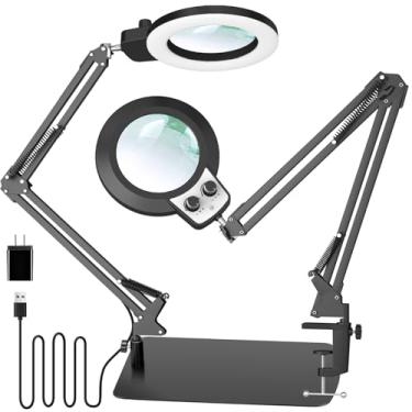 Imagem de KIRKAS Lupa de 10 x com luz e suporte, qualquer modo de cor e brilho contínuo 2 em 1, lâmpada de mesa com grampo, lupa de LED mãos-livres com luz para leitura artesanal, passatempo, trabalho próximo