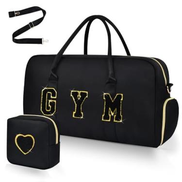 Imagem de Bolsa esportiva bordada com letras de chenille, bolsa noturna, bolsa de fim de semana, Preto-academia