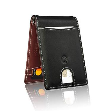 Imagem de Carteira masculina de couro genuíno da Monsoon [SAFARI] Slim com clipe para dinheiro, minimalista, bloqueio de RFID, Preto, Small