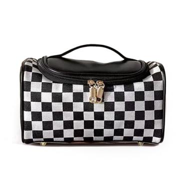 Imagem de UINSUE Bolsa de maquiagem vintage para mulheres, portátil, retrô, estampa quadriculada, organizador de cosméticos estilo patchwork, bolsa de armazenamento para cuidados com a pele, bolsa de