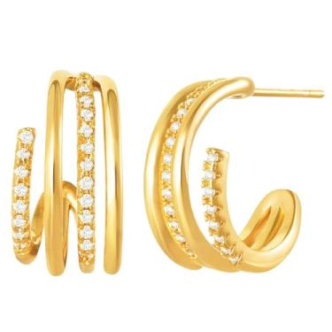 Imagem de BENEIGE Brincos de argola femininos de argola aberta em forma de C banhado a ouro 14 K Boho praia simples delicado feito à mão hipoalergênico diário joias, Latão, Zircônia cúbica