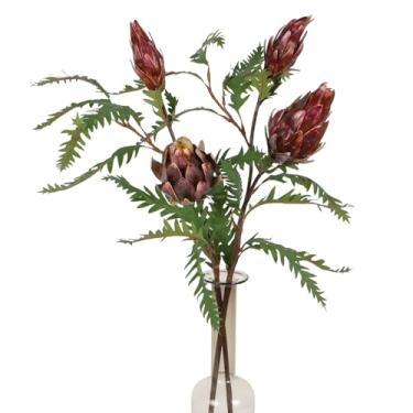 Imagem de IPOPU Flores artificiais Protea, 2 peças, The King Protea, plantas falsas, 78,7 cm, caule longo, borgonha, artificial, proteína artificial, flor de cinaroides para casamento, decoração de mesa de