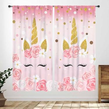 Imagem de Cortinas de unicórnio para quarto de meninas, desenhos animados, arco-íris, unicórnio, princesa, rosa, tratamentos para quarto de bebê, sala de estar, banheiro, 2 painéis, 106 x 113 cm