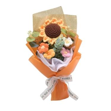 Imagem de oshhni 10 polegadas Crochet Gunflower Gift Bouquet Flores artificiais Decoração de férias leves para casamento de aniversário, Papel Laranja