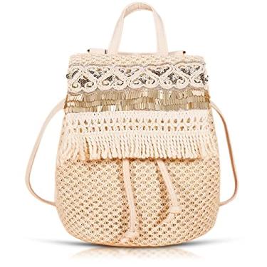 Imagem de QTKJ Bolsa de palha, bolsa de ombro para mulheres, bolsa balde feita à mão com lantejoulas boêmias, bolsa de ombro multifuncional, bolsas de praia adequadas para viagens, trabalho, combinação diária,