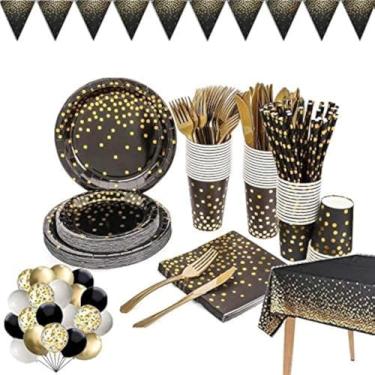 Imagem de Conjunto de suprimentos de festa preto e dourado de 142 peças de talheres de festa de bolinhas douradas, incluindo pratos de jantar de papel preto, guardanapos, copos de papel e muito mais. Para