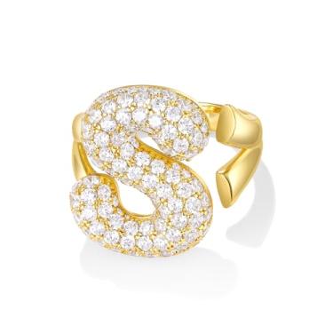 Imagem de KissYan Anel feminino com inicial de bolha, placa de ouro 14 quilates, anéis abertos, ajustáveis, delicados, pavimentados, zircônia cúbica, personalizada, moda, joia de presente, Latão, Zircônia