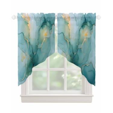 Imagem de Cortinas semitransparentes de mármore verde para janelas, abstrata, arte moderna, semitransparente, ondas, gradiente, voile, swags para cozinha, sala de estar, quarto, 2 painéis, 91 x 91 cm