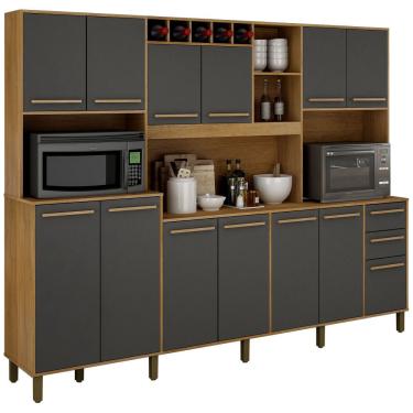 Imagem de Cozinha Valdemóveis Ágata 13 portas e 2 gavetas com 254,0 cm de Largura – Cinamomo/Grafite