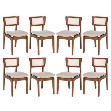 Imagem de Kit 8 Cadeiras De Jantar Portugal Em Madeira Imbuia Encosto Tela Rattan Linho Bege M58