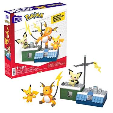 Imagem de Mega Pokemon HKT23 Evolution Pikachu Construction Set with 3 Articulated Figures Including Pichu, Pikachu and Raichu, 160 Bricks and Pieces, Children's Toy, Ages 6+