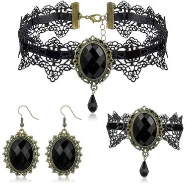 Imagem de YBMYCM Conjunto de joias de Halloween para mulheres, gargantilha gargantilha gótica de renda preta, joias de vampiro, suprimentos de festa de cosplay de Halloween, Plástico, Sem Pedra Preciosa
