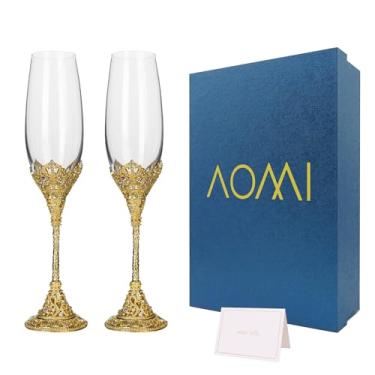 Imagem de AOMI Taças de torrada de taças de champanhe de casamento luxuoso cristal - conjunto de taças de champanhe cravejadas de ouro de 198 g - Par elegante de flauta gravada com caixa de presente, perfeito