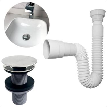 Imagem de Dona D Cor, Kit Sifão De Plástico Flexível Universal E Válvula Click 7/8 Ralo Pia Cuba Banheiro Lavatório 30mm