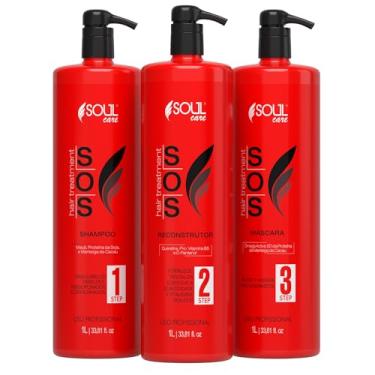 Imagem de Kit SOS Tratamento Capilar Profissional Reconstrução Cauterização Antiemborrachamento Pós-Química Soul Care - Shampoo, Reconstrutor e Máscara (1l)