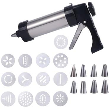 Imagem de Kit de prensa de biscoitos Spritz para assar, pistola de prensa de biscoitos de aço inoxidável com 13 discos de biscoito e 8 pontas de tubulação, suprimentos de decoração para fazer bolos DIY e