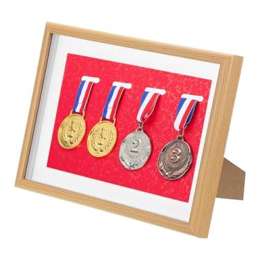 Imagem de PATIKIL Capa para exibição de medalhas, moldura de exibição de 4 medalhas, caixa de sombra, porta-retratos esportivos, para triatlo de natação de maratona, choupo de base vermelha A4